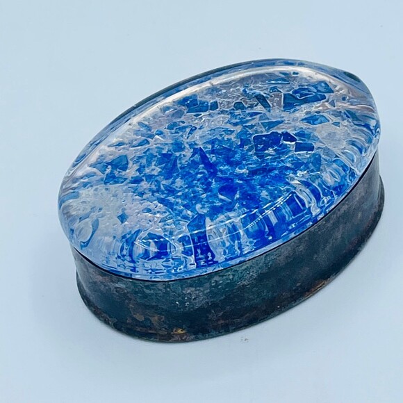 Vintage Oval Shaped Decorative Glass w/ Blue & Silver Accents Silver-Plated Base - Picture 3 of 11